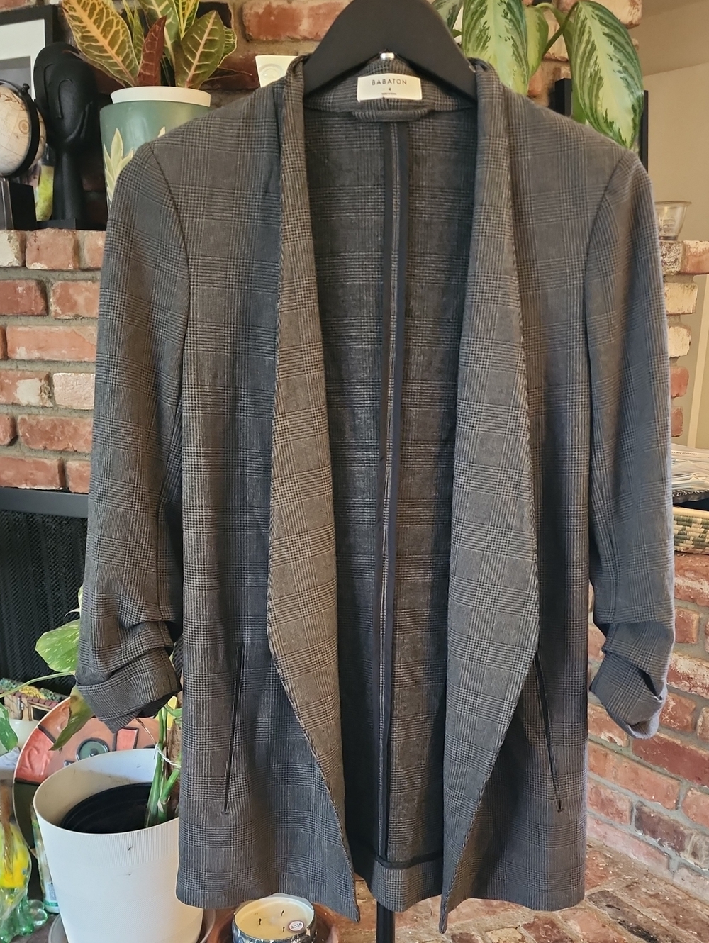NWT Babaton Aritzia Glen Plaid Open-Front Longline Blazer Gray
